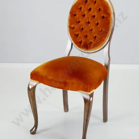 cab-leg mahogany framed bedroom chair covered in velvet with oval deep-button back, polish needs attention, some trim