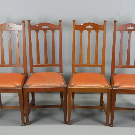set of 4 deco oak high slat back dining chairs - leather upholstered seats w/studded corner detail H1090 W470 D450
