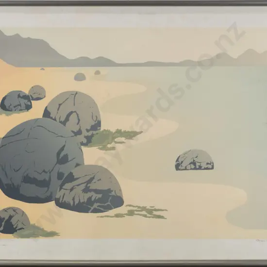 framed ltd edition 51/80 - Moeraki Boulders H-370 W-570 (foxing)