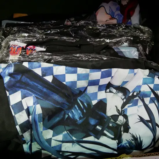 box of printed hold-all bags