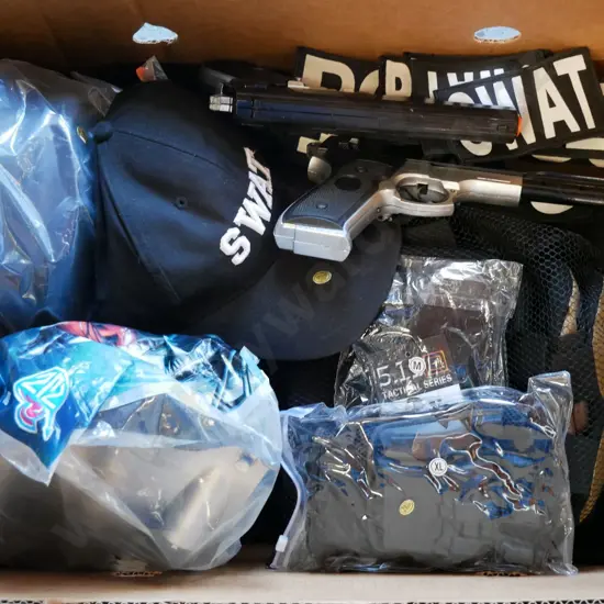 box of SWAT costumes - caps, vests, badges, kneepads, gloves, 2 x masks