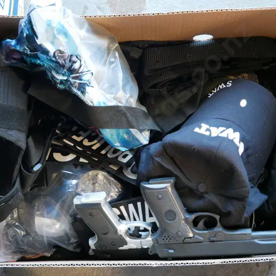 box of SWAT costume items - cap, vests, 2 masks, badges, glasses, belt, kneepads