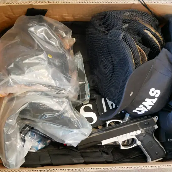 box of SWAT costume items - vests, cap, 2 face masks, knee pads etc.