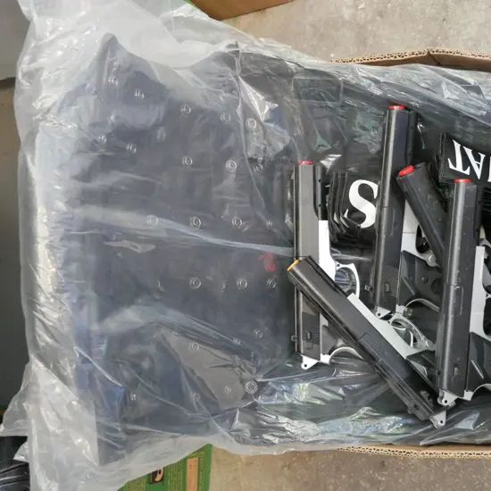 box of SWAT costume items - 6 vests, guns and badges