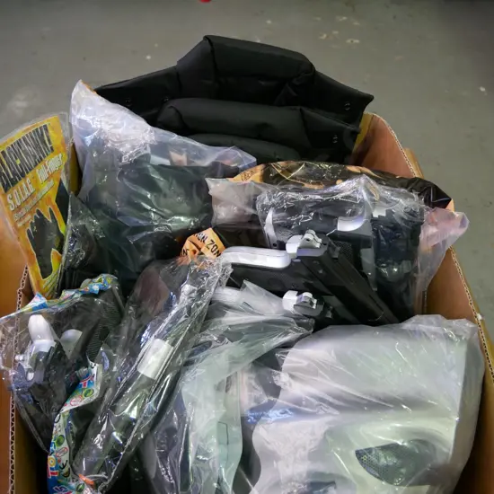 box of SWAT costume items - 3 vests, 6 masks, etc.