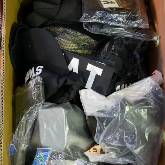 box of SWAT costume items - masks, kneepads, belt etc.