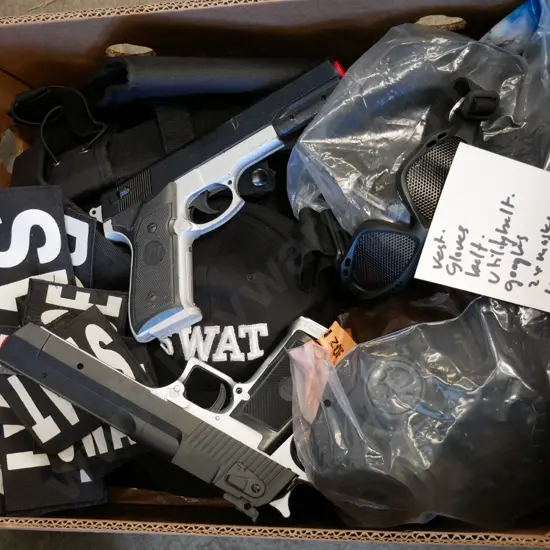 box of SWAT costume items - vestts, gloves, belts, goggles, masks, etc.