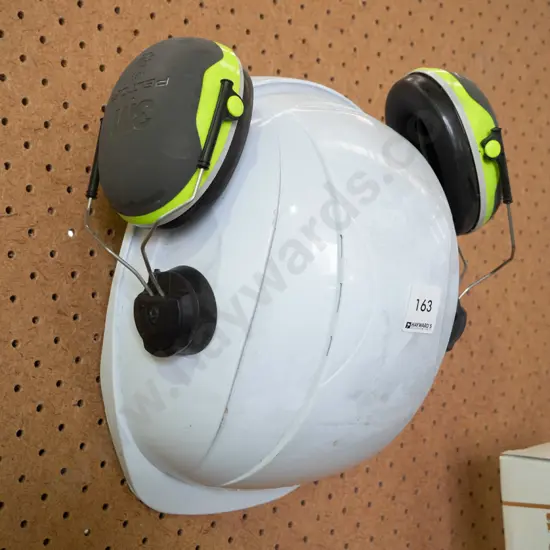 White Hard Hat with Grey & Green Ear Muffs Attached 
