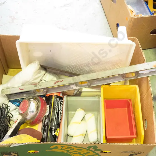 Box; roller tray, builders level, storage containers etc