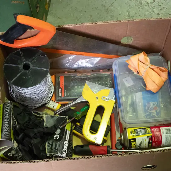 Box; tools, gloves, wire, metal detector etc