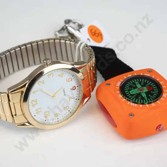 gold watch, orange compass 