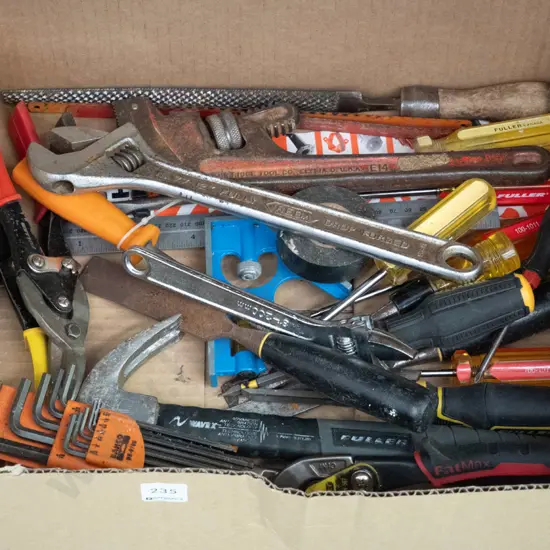 box; various tools, plumbers stilsons, hammer etc