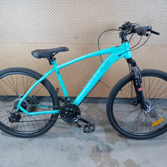 Aqua MZ bike with black seat and no handle bar grips.