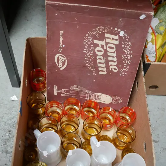 box; milk glass tankards, glass tumblers, Home foam vacuum attachment