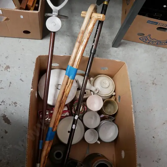  box; shooting stick, walking stick, pudding steamer, cups, etc