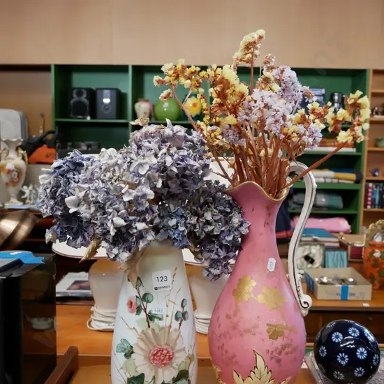 ewer vase, hand painted milk glass vase and dried flowers , tallest H- 360