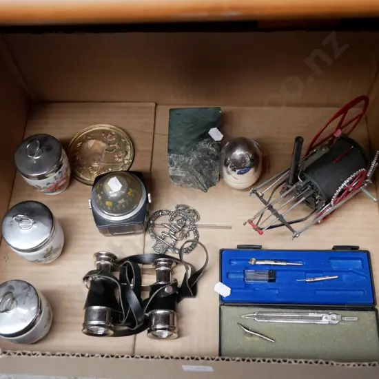 box; plastic model steam engine, binoculars, egg coddler, etc