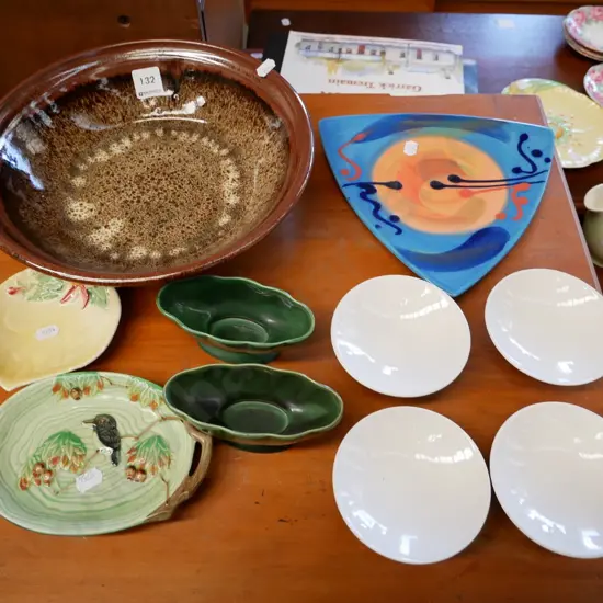  studio pottery bowl, plate, blue and white dishes, etc