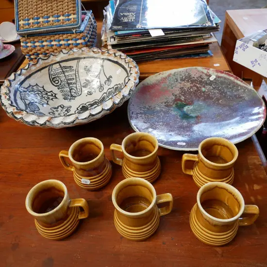large studio pottery bowl, plates and 6 coffee cups