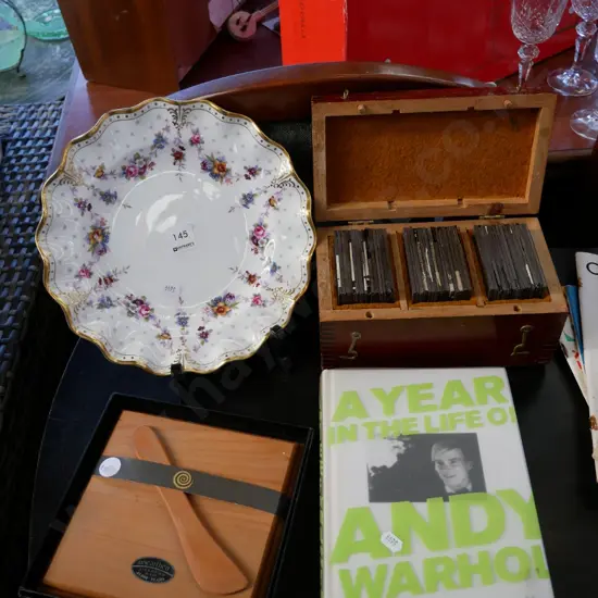 Royal Crown Derby floral bowl, box of magic lantern slides, cheese board and Andy Warhol book