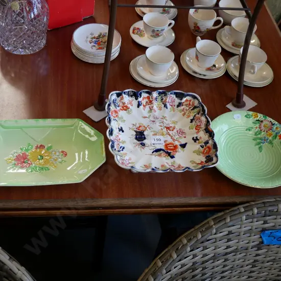 floral square comport and 2 green and floral bowls