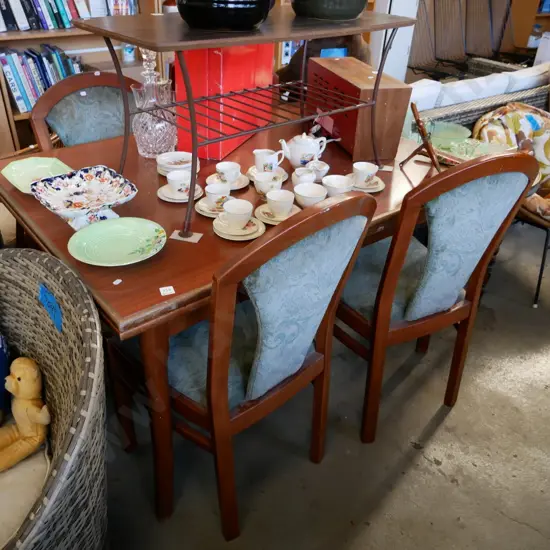 extending formica topped dining table with 4 matching upholstered splat back chairs H- 740, W- 1260 unextended, D- 900