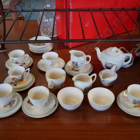 English child's nursery rhyme cups, saucers, creamers and sugars, some chip and cracks