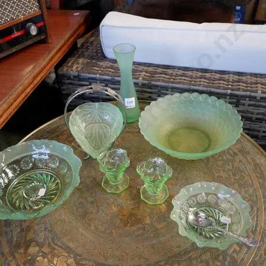 green glass bowls, vases