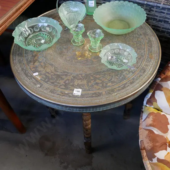 cotton reel base etched brass topped occasional table H- 620, D- 600