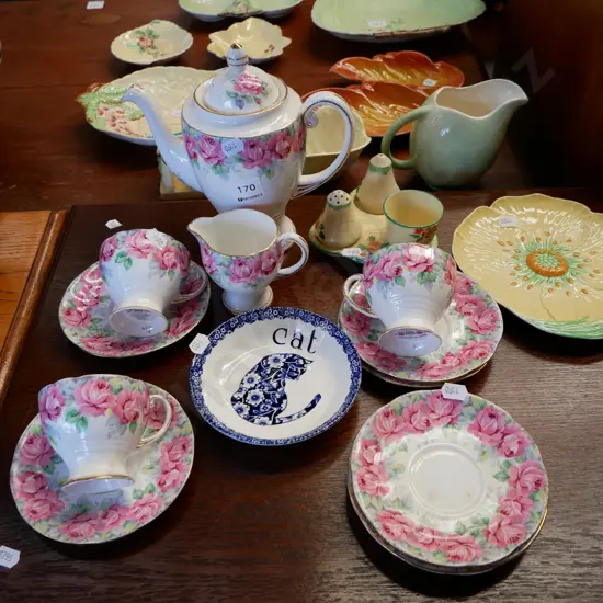 part Royal Standard Rose of Sharon teaset , cat bowl etc