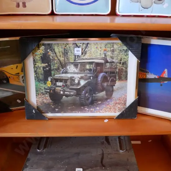 3 framed prints - sports car, Jeep and plane