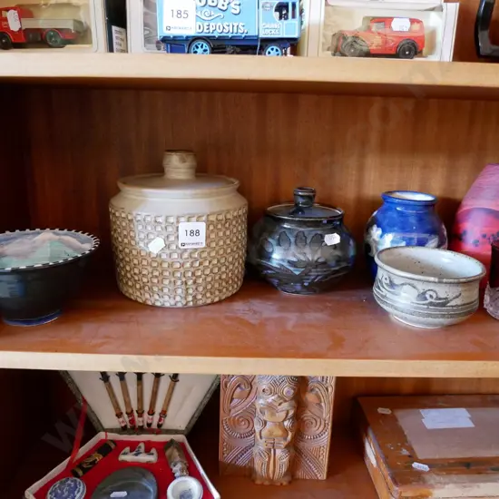 studio pottery lidded canisters, bowls, vase and Coronation glass cup