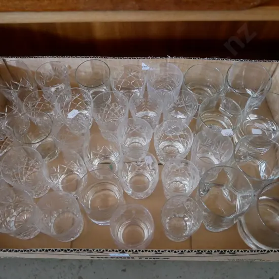 box; cut crystal whisky tumblers and glass tumblers