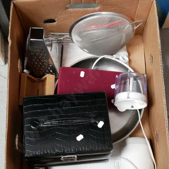 box; small blender, frying pan, jewellery case etc