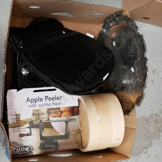 box; massage pilllow plated tray, bamboo steamer, peeler etc