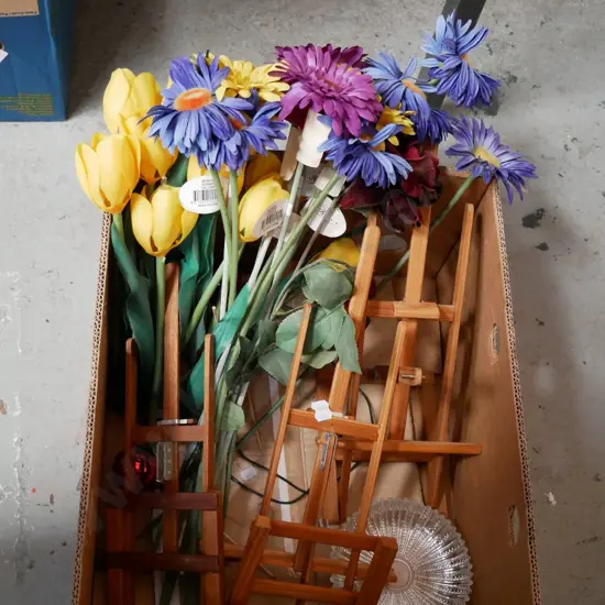 box; faux flowers, small wooden easels, 2 bowls