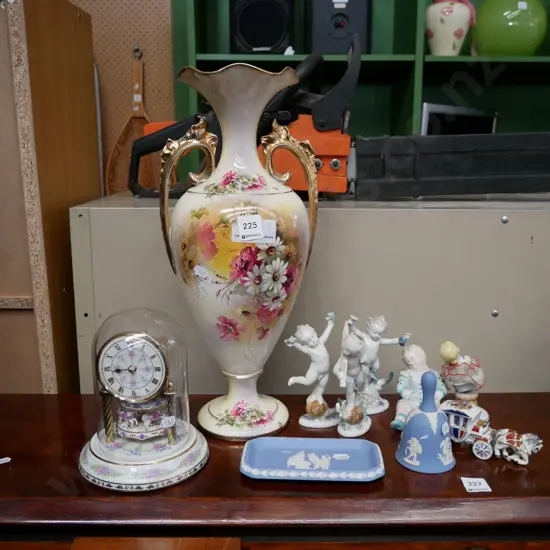 double handled vase, clock, figurines, Jasper ware etc, vase H - 430