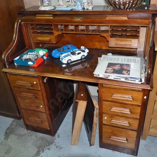 solid kauri rolltop desk with 9 drawers, pull out tray, fitted interior, no lock, H- 1170, W- 1250, D- 700