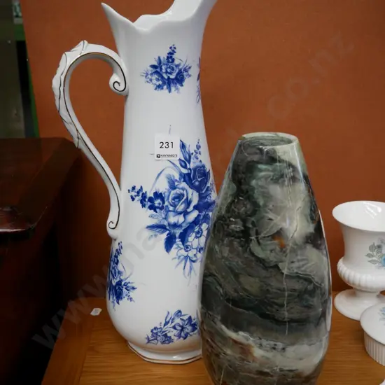 blue floral jug H- 420 and turned marble vase