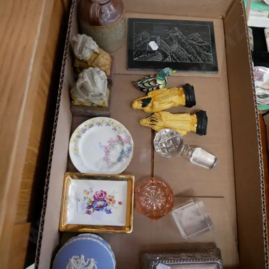 box; soapstone Fu Dogs, figurines, pin dishes etc