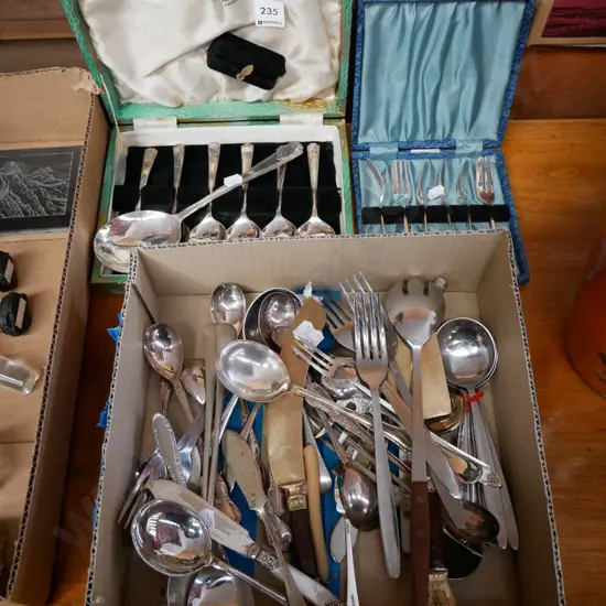 2 sets of cased cutlery and box of various cutlery