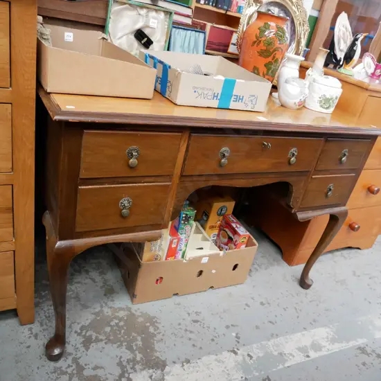 mahogany cab leg 5 drawer desk, key in office, H- 740, W- 1120, D- 610 