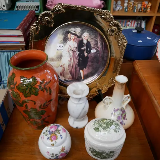 gold rim decorative romancing plate, alabaster vase, ginger jars etc