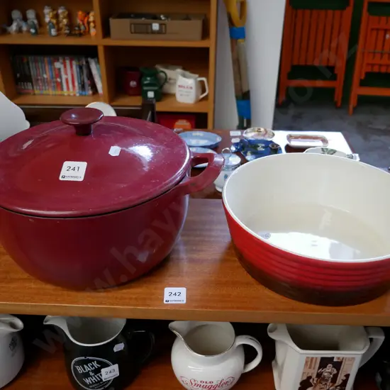 crimson cast iron and enamel lidded casserole and Chef Mate baking dish