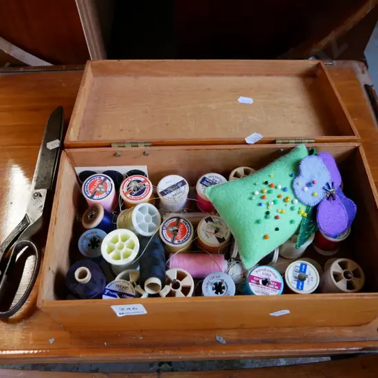 wooden box sewing thread, pin cushions and scissors