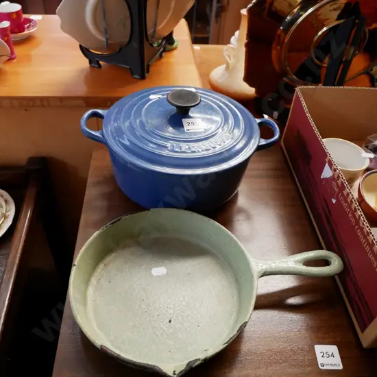 Le Creuset blue enamel cast iron casserole and green speckle fry pan - chips to both