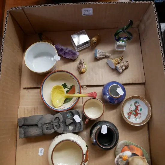 box; Devon motto ware , Wade whimsies, small bowls etc