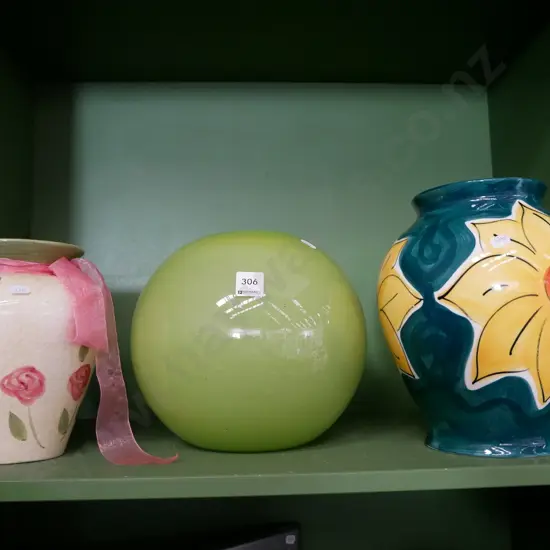 2 ceramic hand painted vases and green glass wall vase