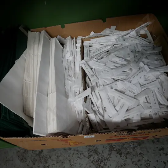 box; sugar sachets, takeaway food bags