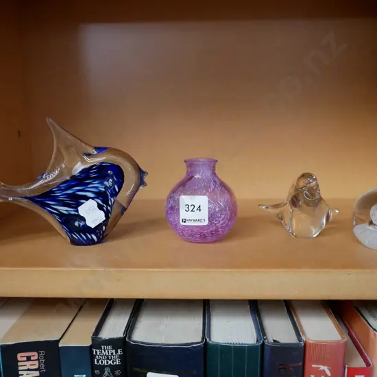 studio glass items - fish, bird, jug and paperweight